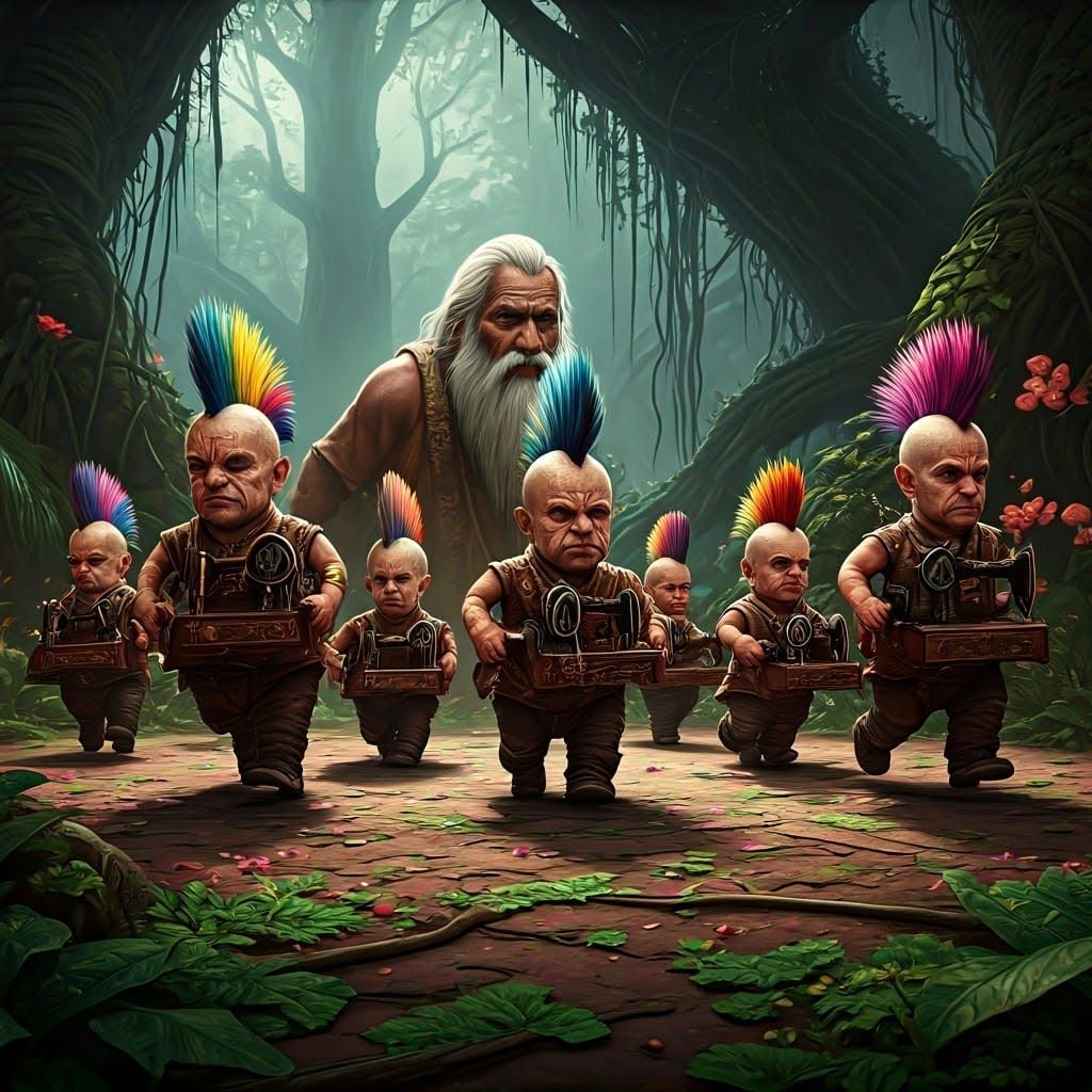 Forest Midgets with Sewing Machines: Fantasy Art