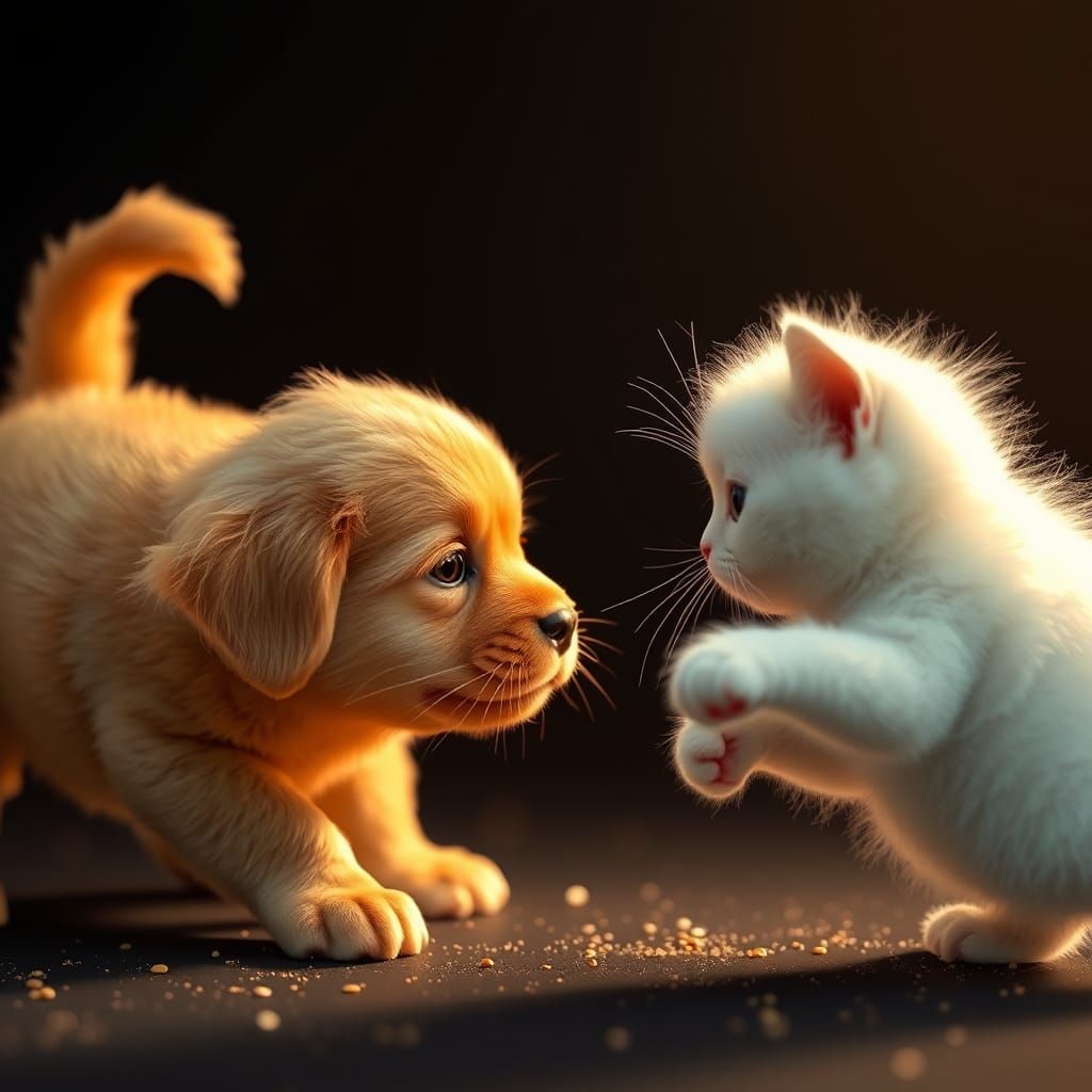 Puppy and Kitten Playful Standoff, Digital Art
