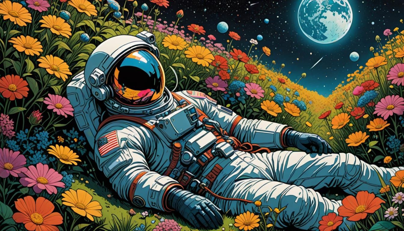 Astronaut Surrounded by Cosmic Blooms in Comic Book Style