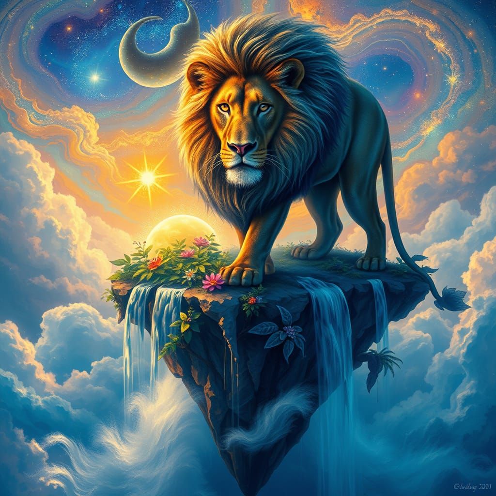 Regal Lion in Vibrant, Cosmic Landscape