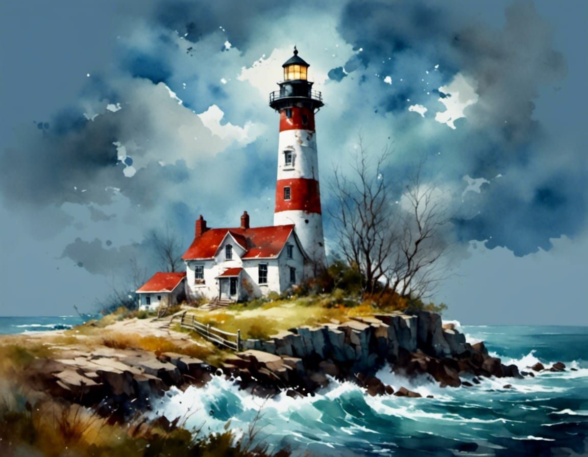 Folk Art Lighthouse in Antique Watercolor Style
