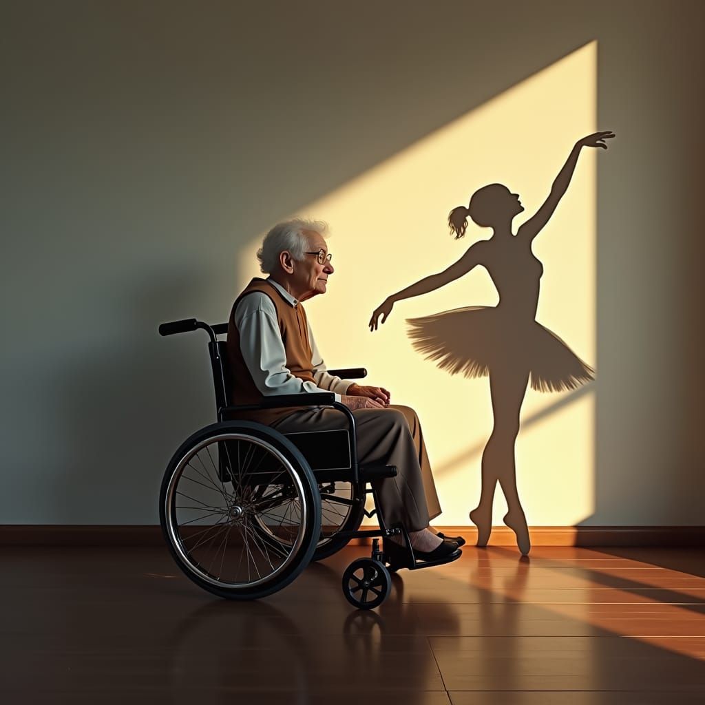 Dramatic Painting of Old Woman and Ballerina Shadow