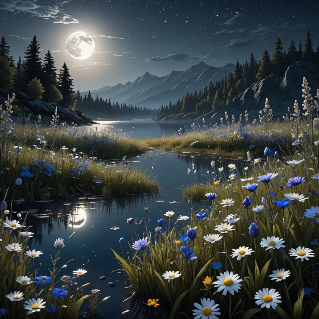 Moonlit Meadow with Shooting Stars in Fantasy Art