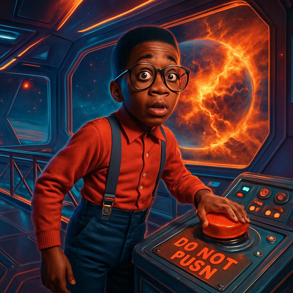 Retro-Futuristic Scene with Boy and Planet Explosion