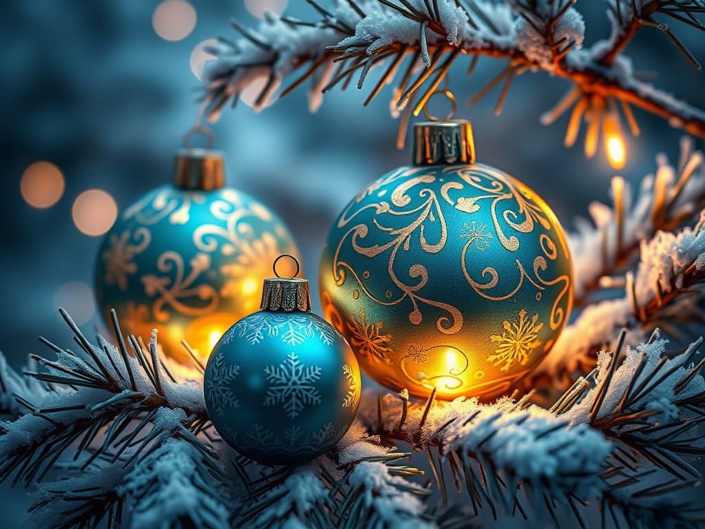 Ethereal Christmas Ornaments in Dreamlike Winter Scene