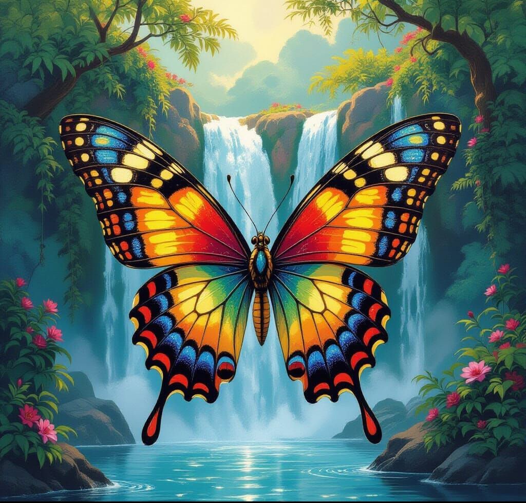 Butterfly with Filigree Wings by Waterfall