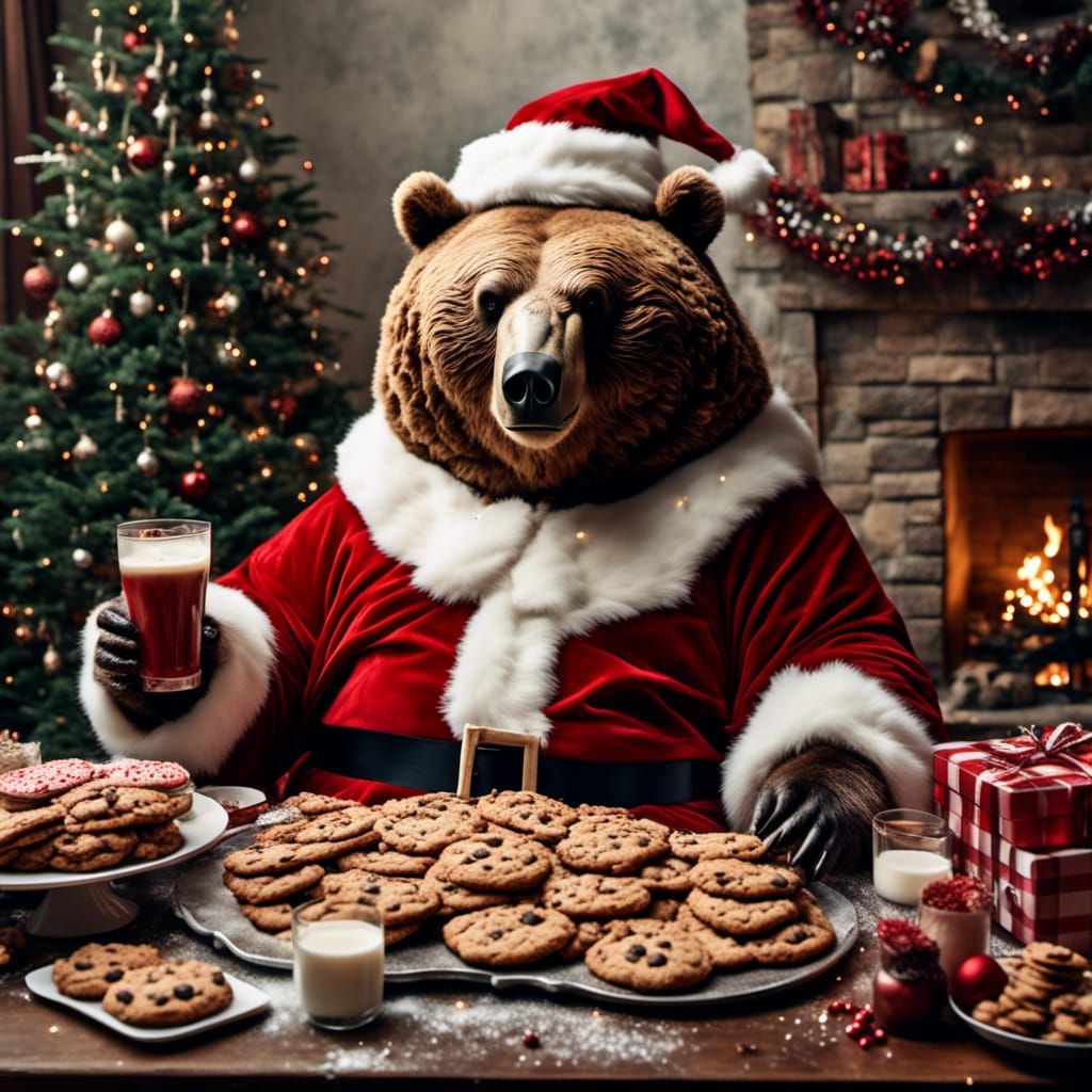 Cute Wide-Eyed Santa Bear Enjoying Cookies