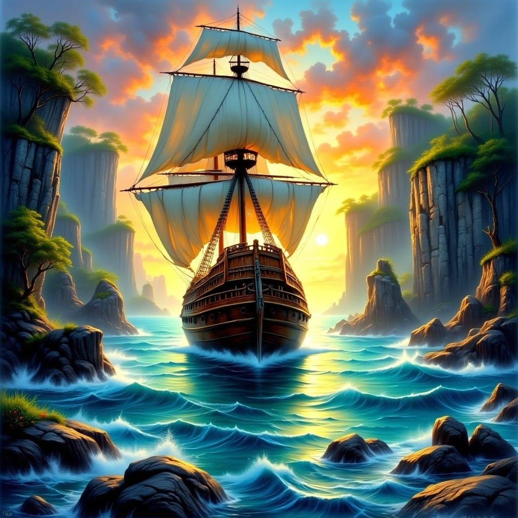 Pirate Ship Portrait with Merfolk in Watercolor Style