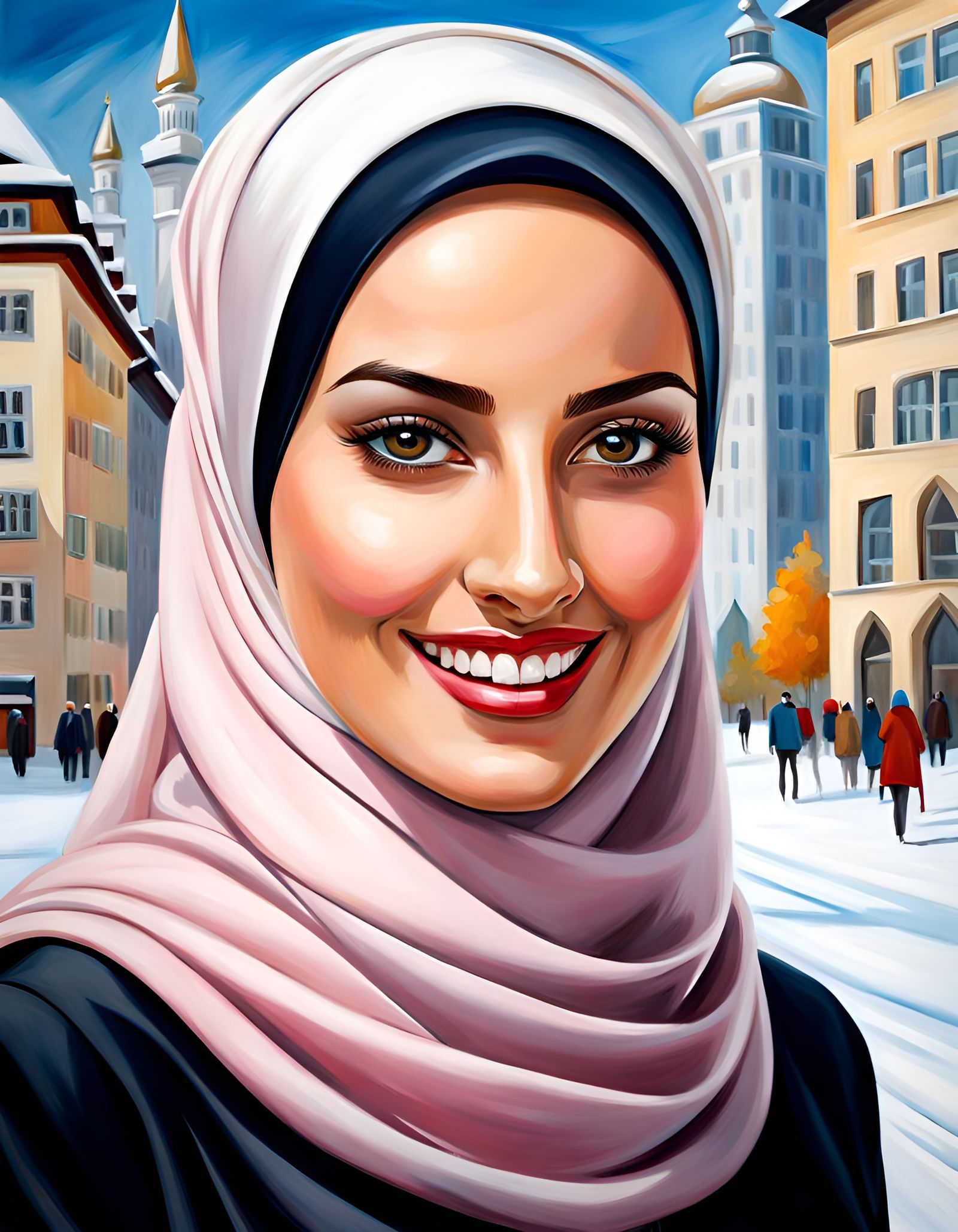 Elegant Hijabi Woman Smiling in Modern City