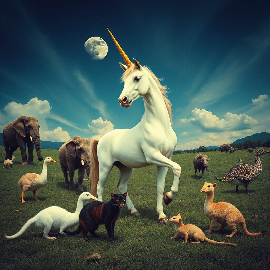 Cartoon Unicorn Surrounded by Animals