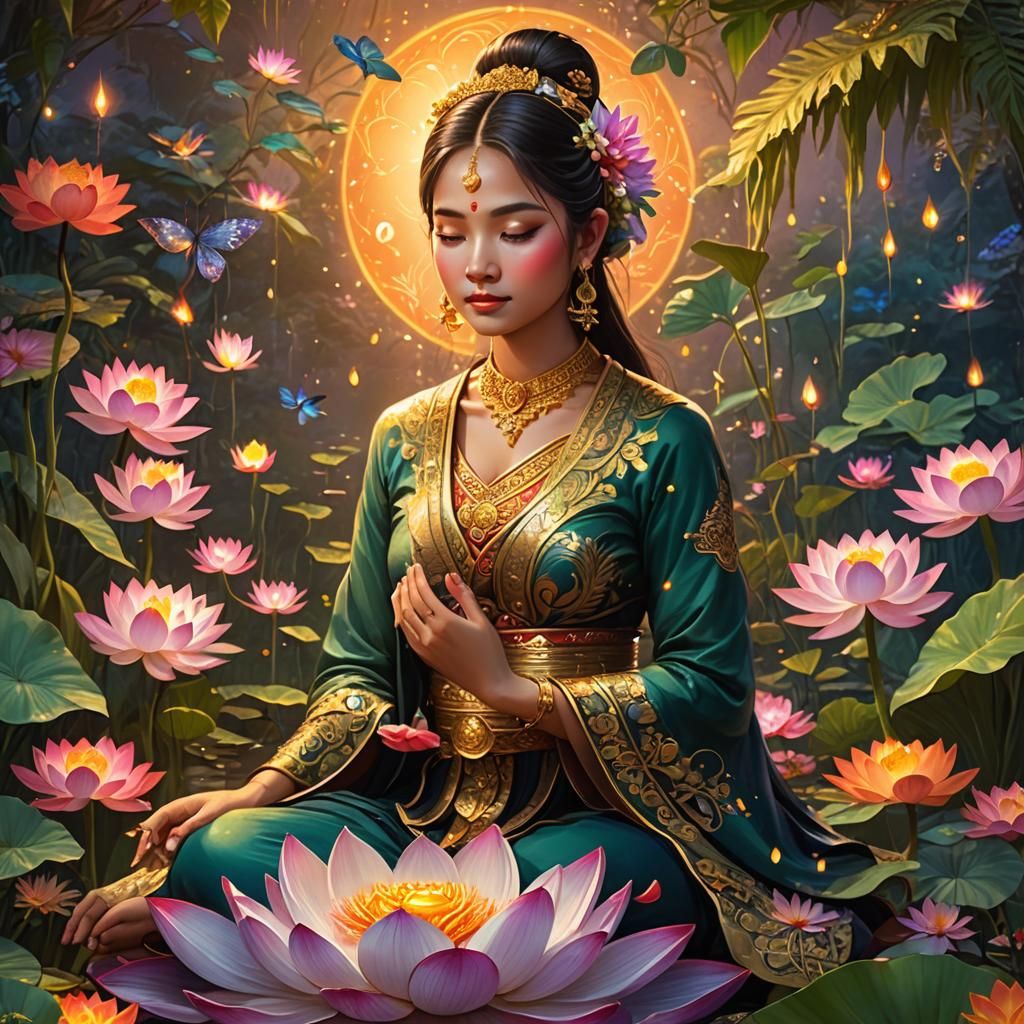 Thai Woman on Lotus Flower in Fantasy Digital Art