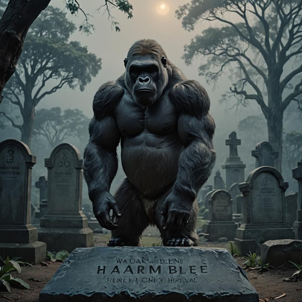 Harambe Reflects in Graveyard: Melancholic Oil Painting