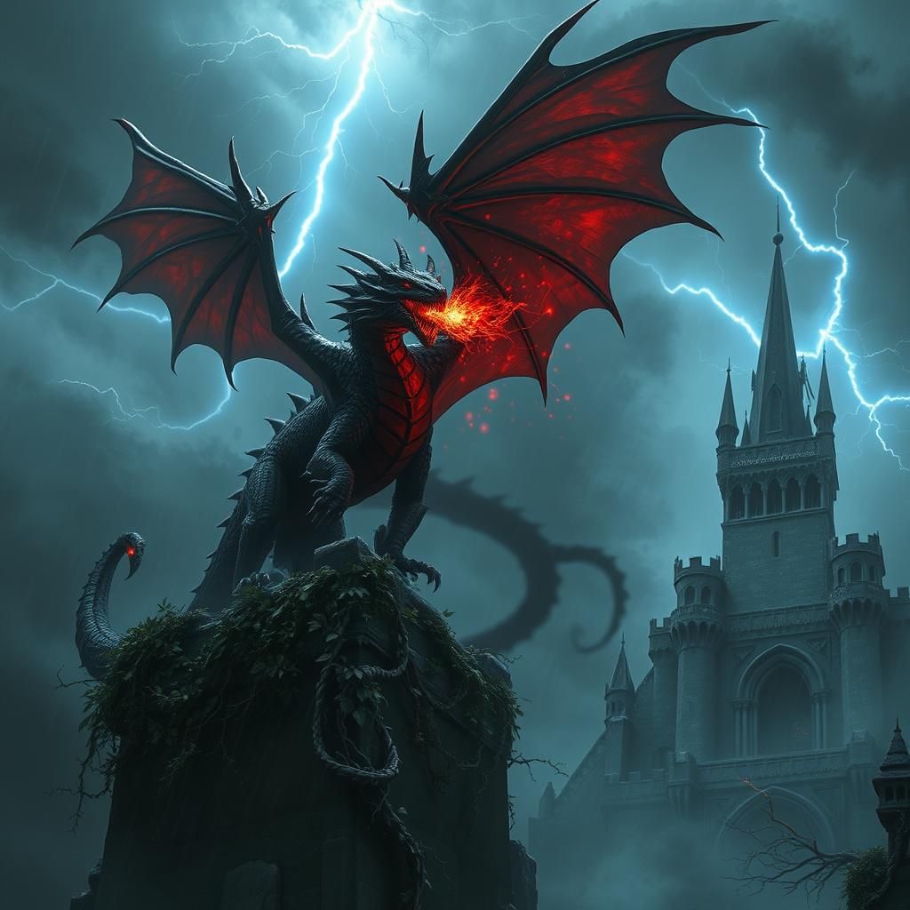 Black Dragon Perched on Ruined Tower in Dark Storm