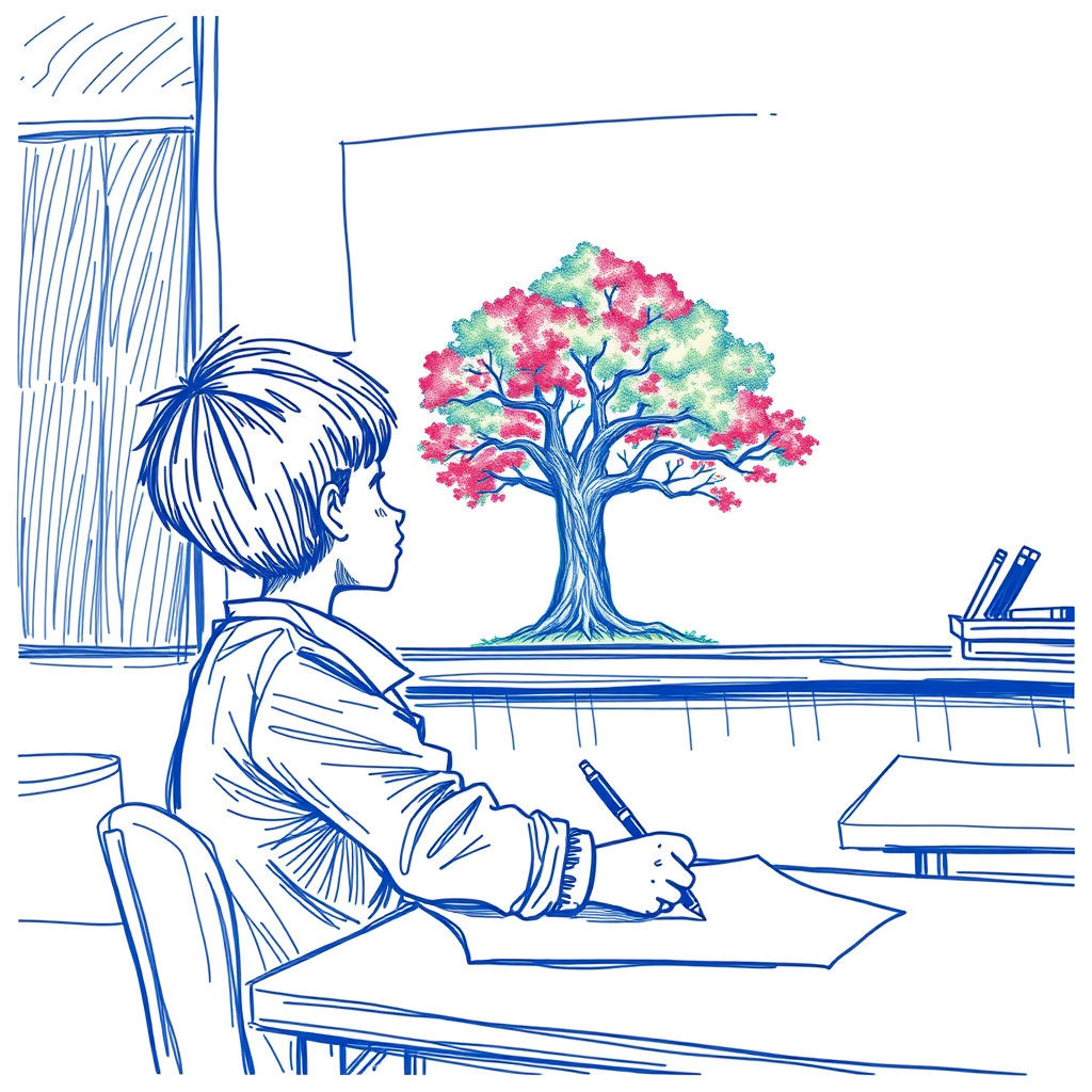 Colorful Tree of Life Drawn in Blue Line Art