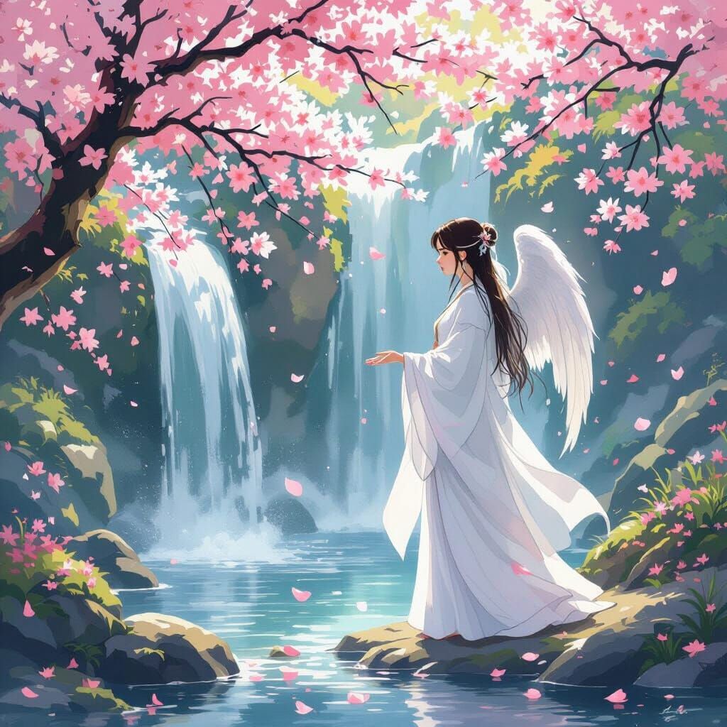 Japanese Angel by Waterfall in Miyazaki Style