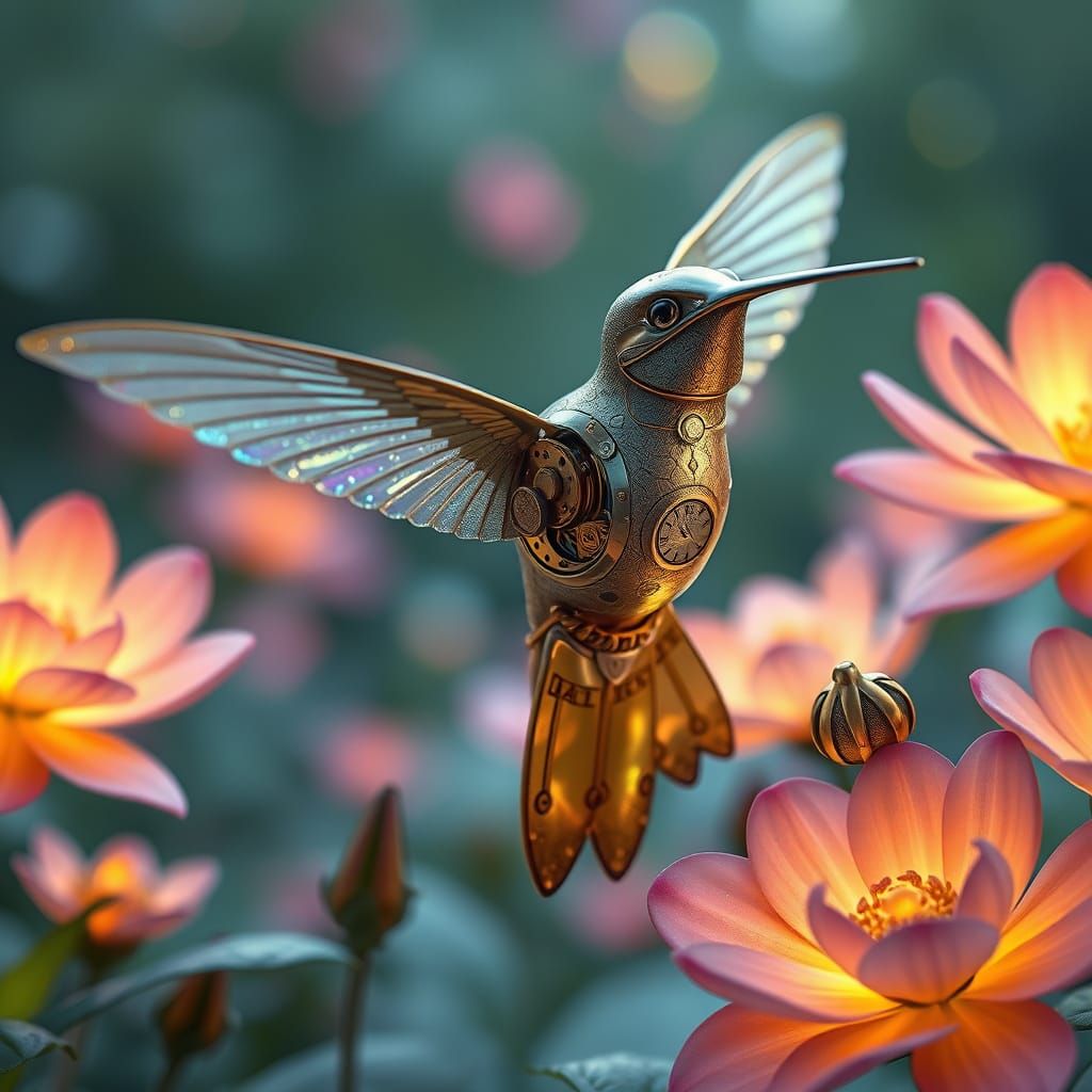 Mechanical Hummingbird in Bioluminescent Steampunk Garden