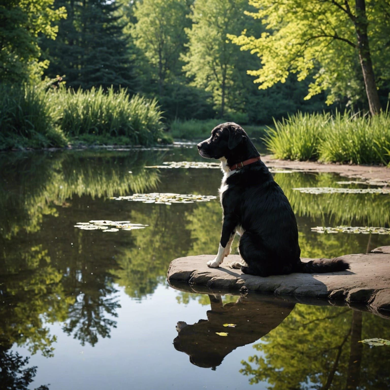 Contemplative Man and Dog Reflection by Pond