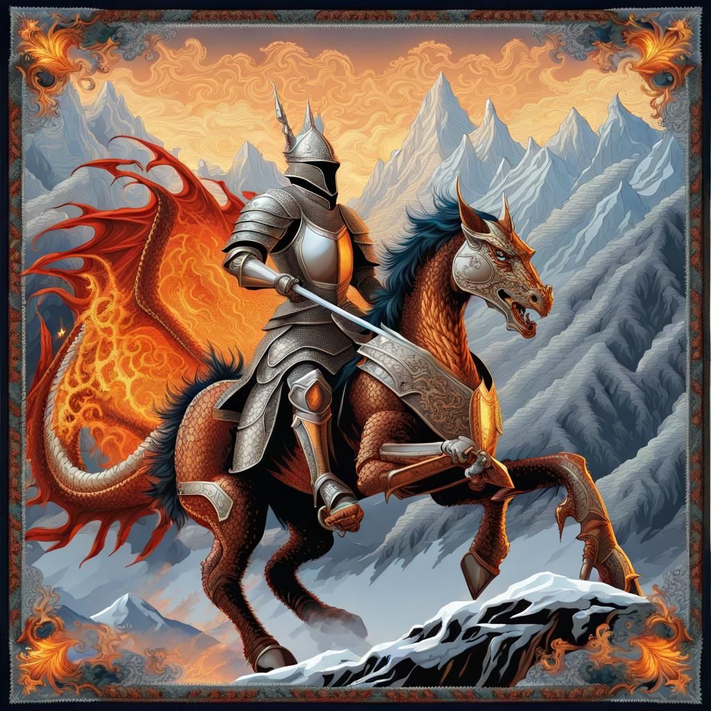 Fiery Dragon Knight Tapestry on Frozen Mountain