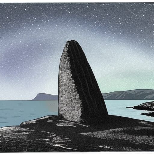 Night Sky Aurora Borealis Engraving Over Sea Stacks