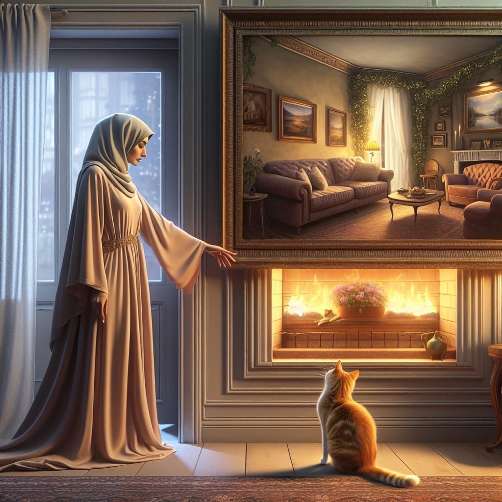 Woman Invites Cat Into Framed Cozy Scene