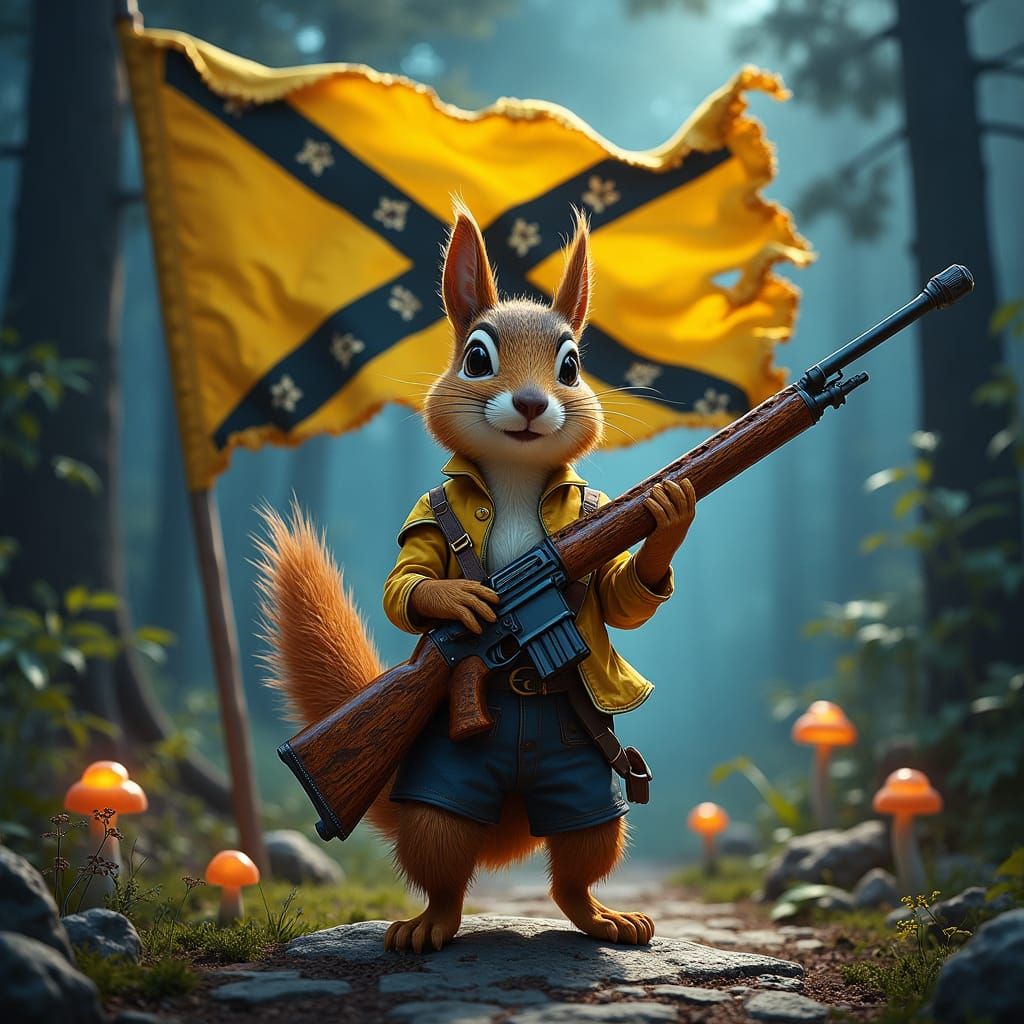 Squirrel Patriot with AR-15 in Fantasy Landscape