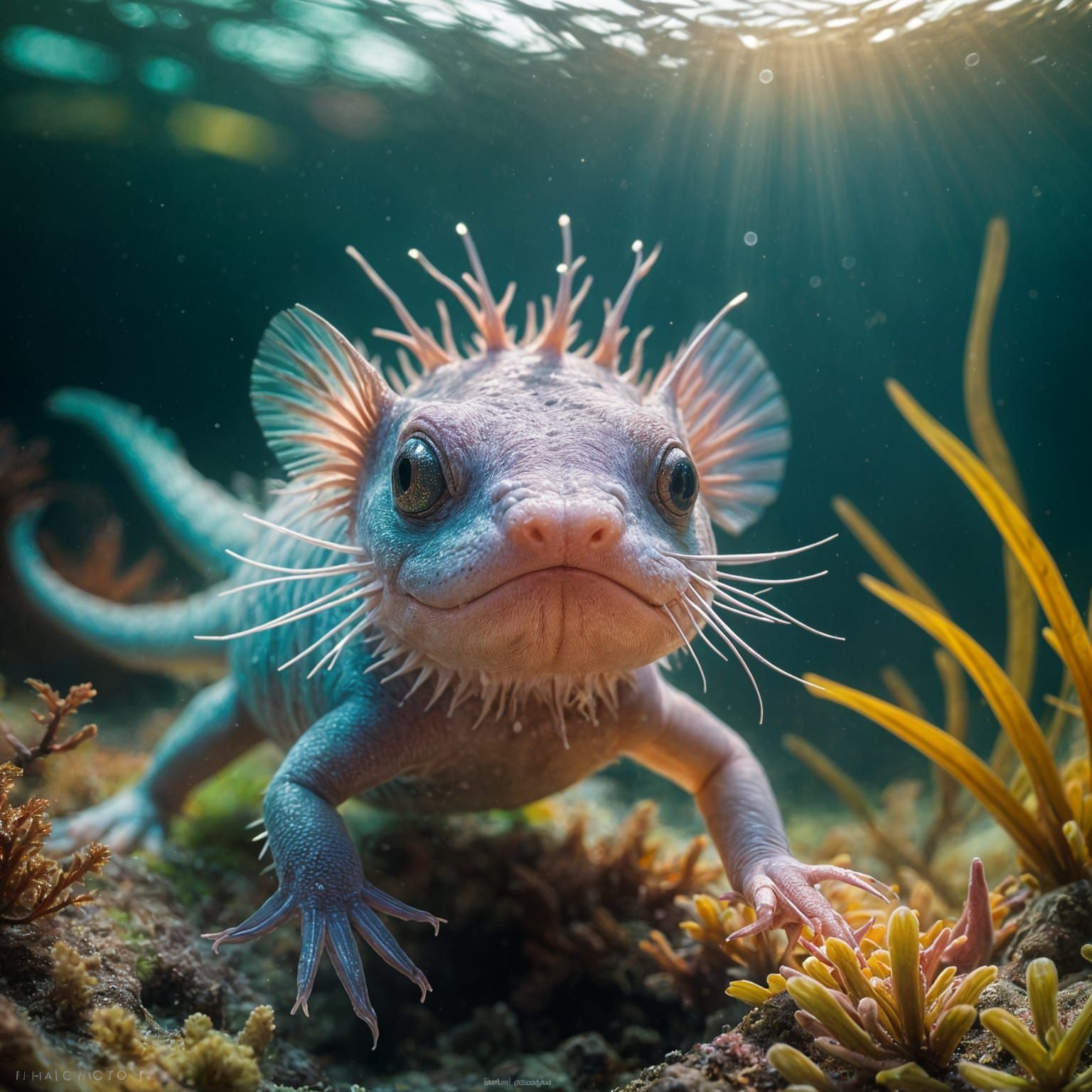 Axolotl in Iridescent Underwater Wonderland: Photography
