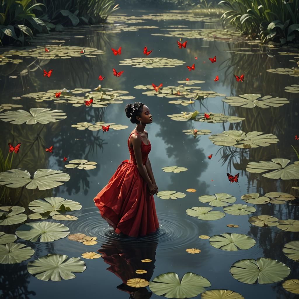 Black Woman in Red Dress With Butterflies, Fantasy Art