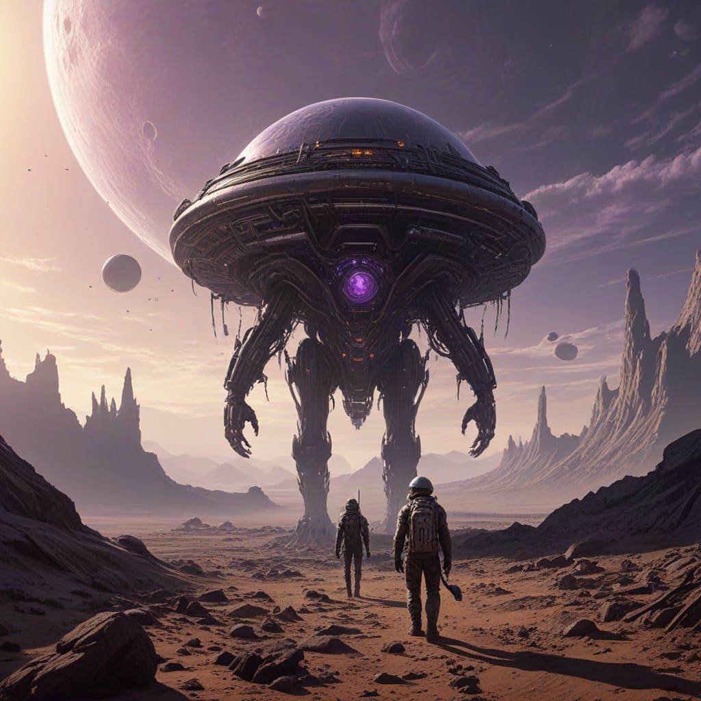 Steampunk Astronaut on Alien Planet with UFO