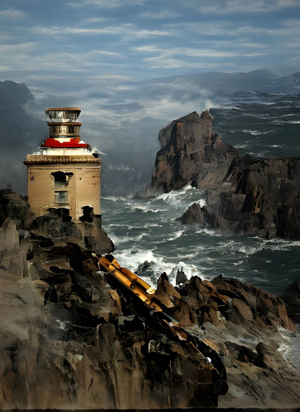 Lighthouse Battling Waves on Rocky Coast