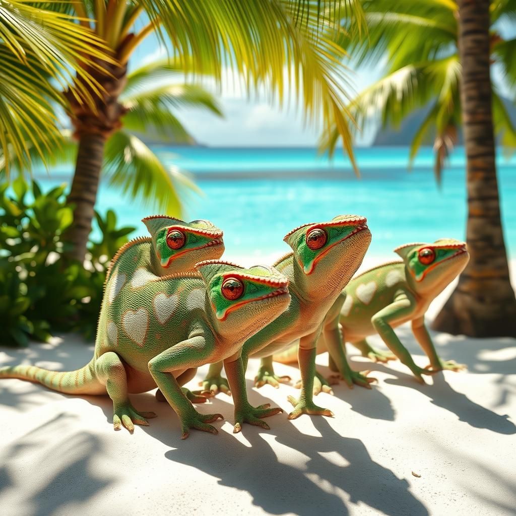 Chameleons' Beach Party: A Photorealistic Celebration