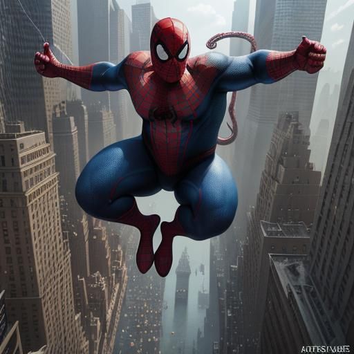 Fat Spiderman Swings Through New York: Detailed Matte Painti...