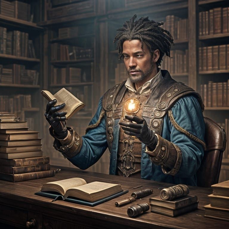 Steampunk Library with Scholar, Detailed Matte Painting
