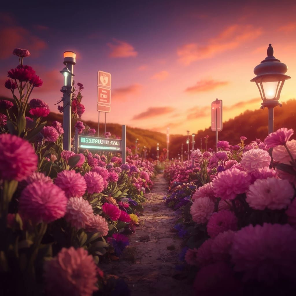 Retrofuturistic Garden Scene with Vibrant Flowers and Lanter...