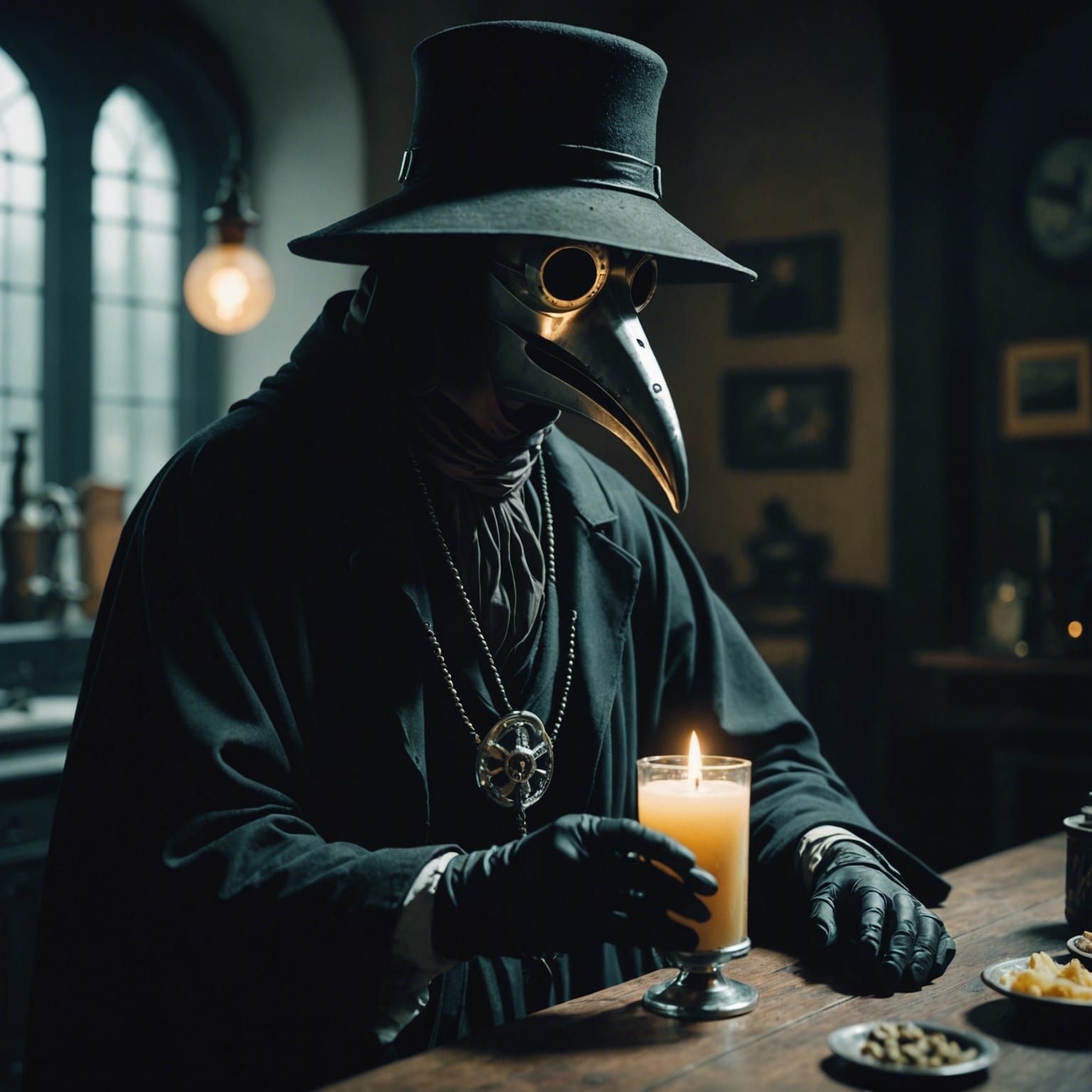 Dramatic Plague Doctor Holding the Cure