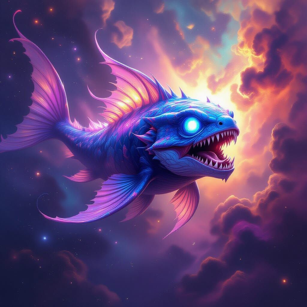 Fantastical Cosmic Creature Leaping Through Nebula