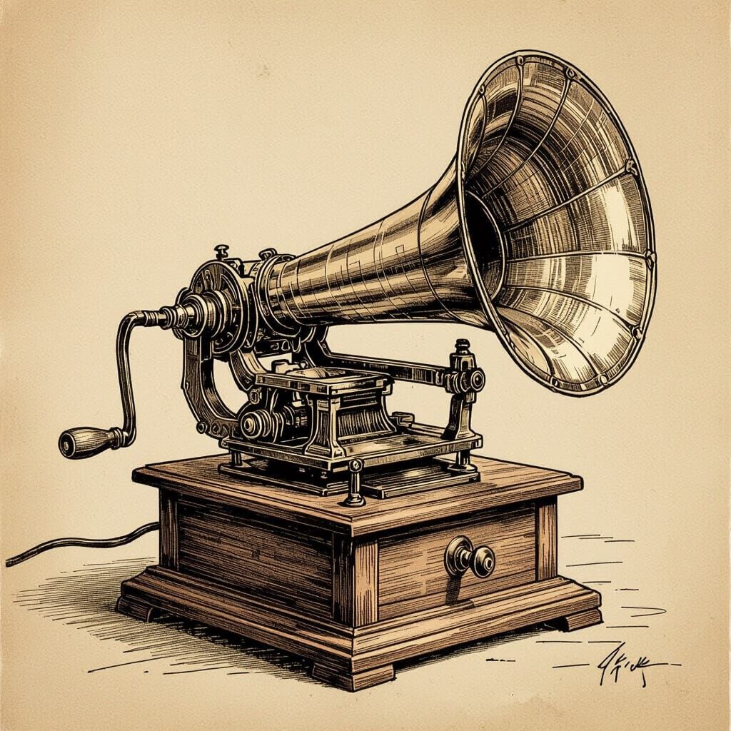 Thomas Edison's 1877 Tin Foil Phonograph in Sepia Sketch