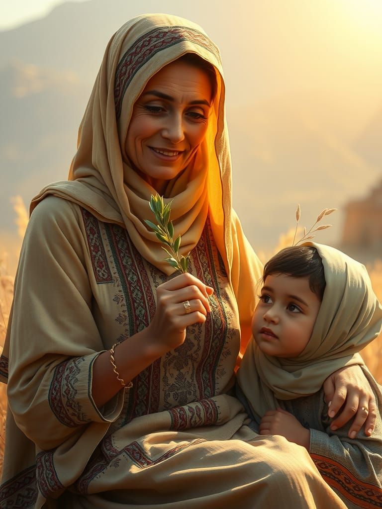 Palestinian Mother and Child Portrait with Olive Branch