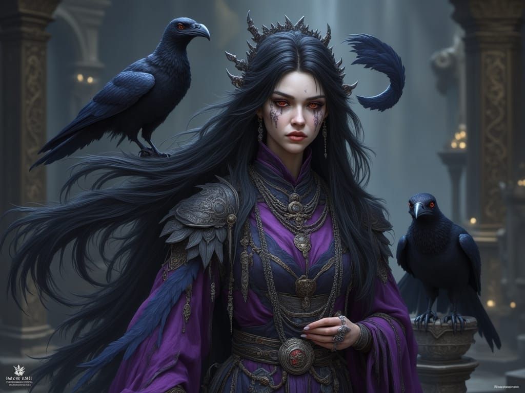 Raven Priestess With Purple Eyes in Gothic Fantasy Setting