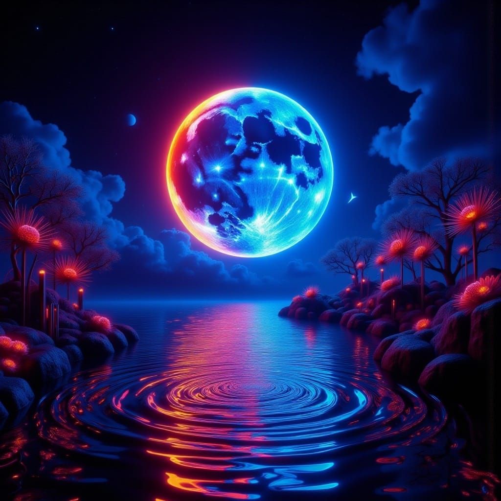 Neon Moon Over Serene Lake: Fantasy Concept Art