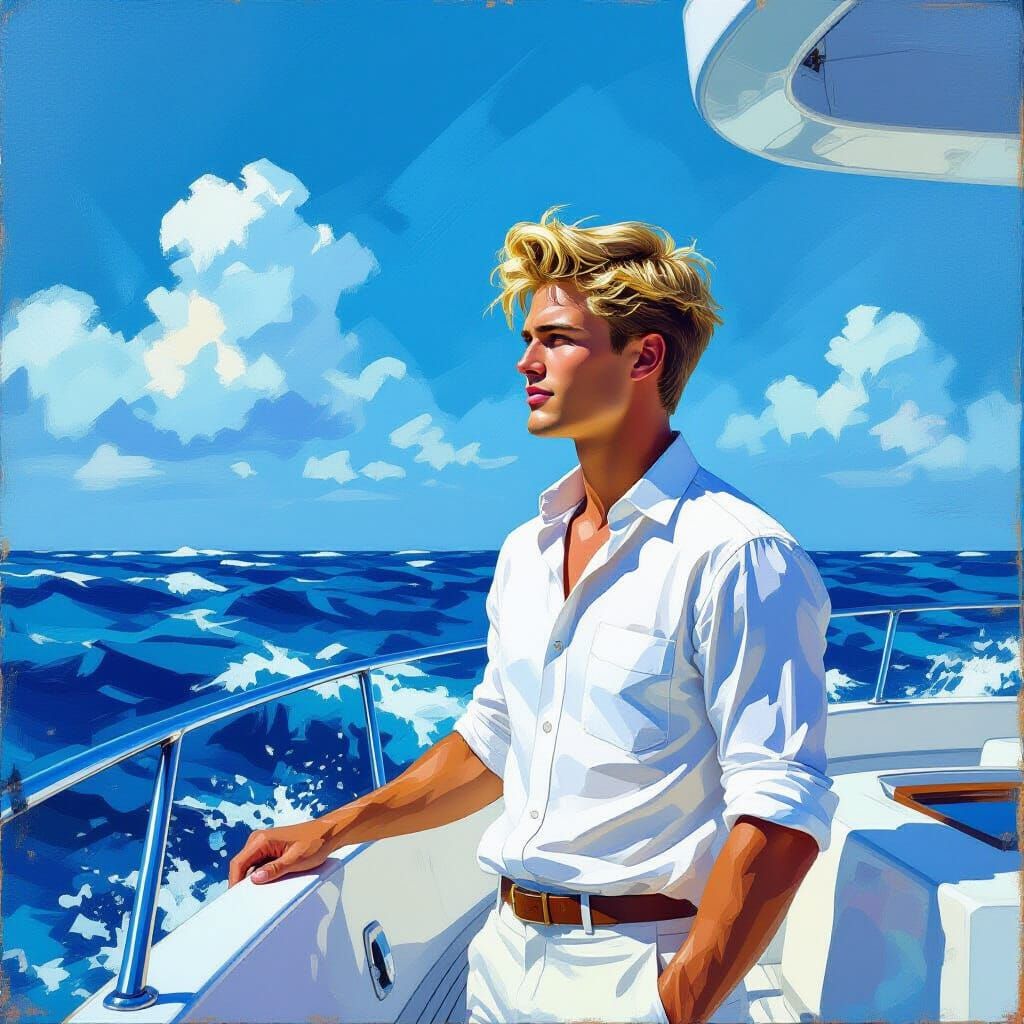 Blond Man on Yacht with Blue Sky