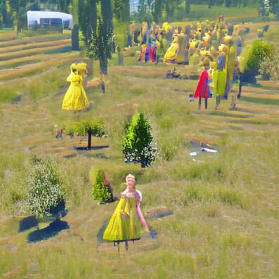 Giant Doll Counting in Surreal Field, 3D Render