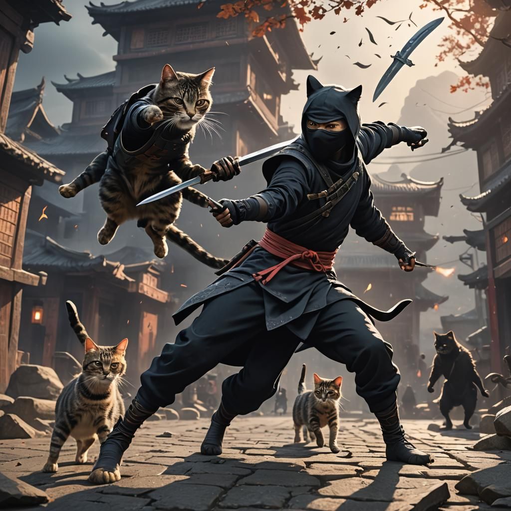 Cat Ninja Throws Knife: Digital Matte Painting