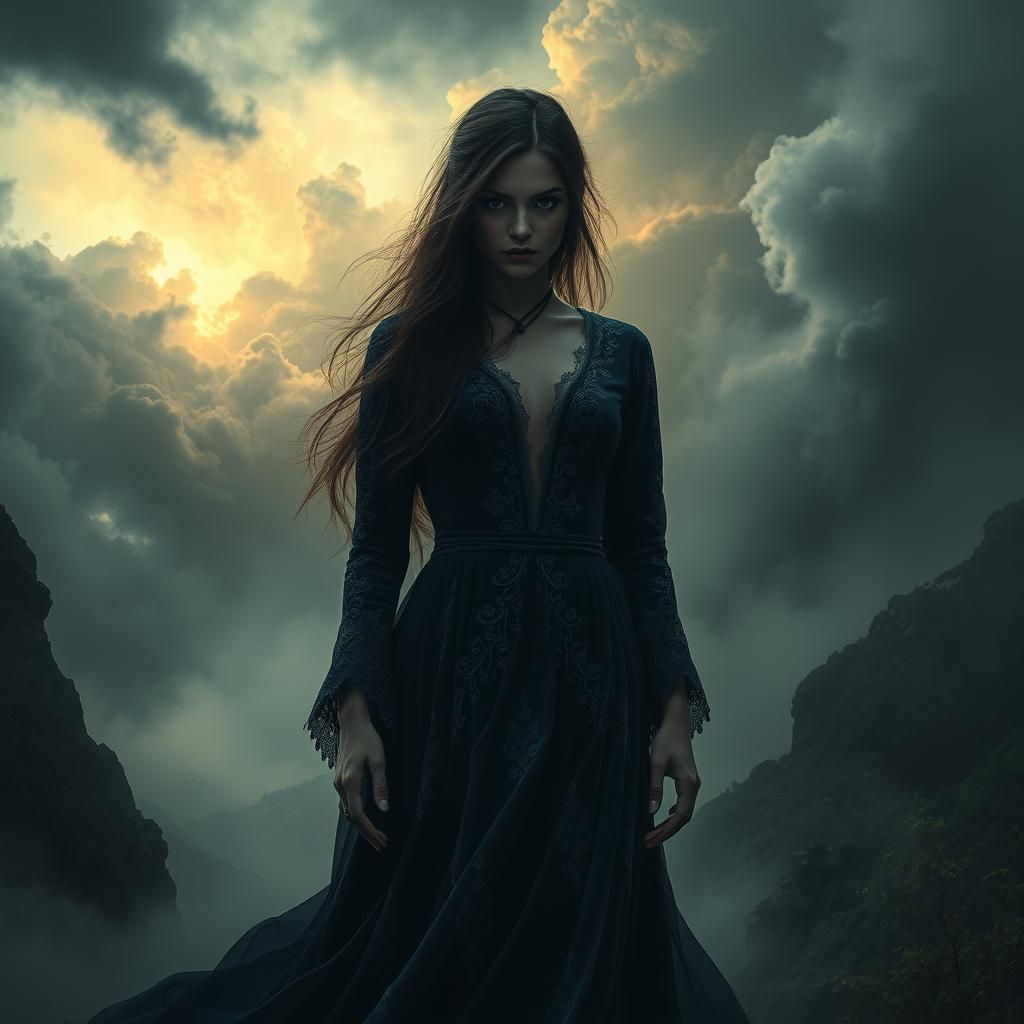 Enigmatic Woman in Eerie Landscape: Dark Fantasy Art
