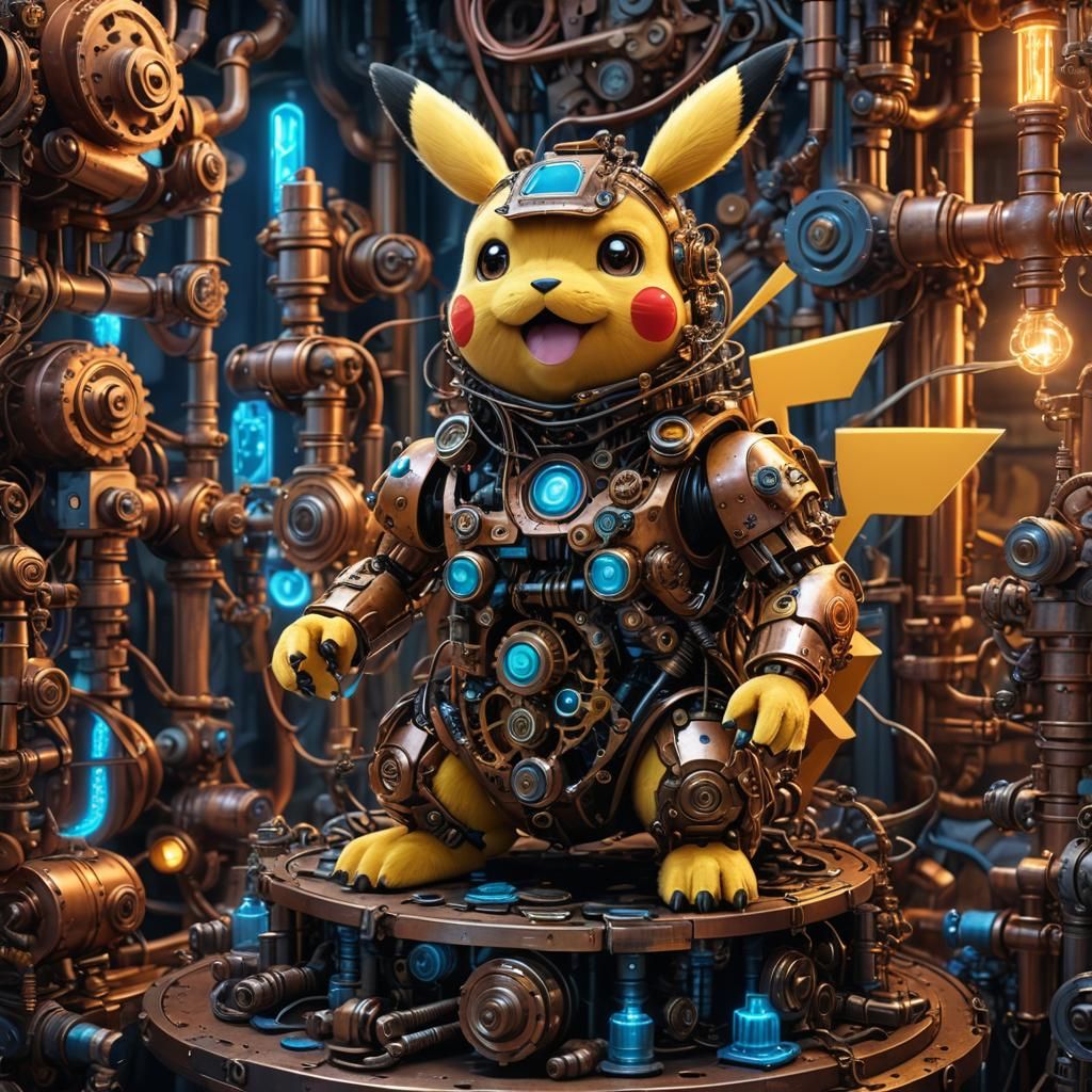Robotic Pikachu in Steampunk Sci-Fi Laboratory