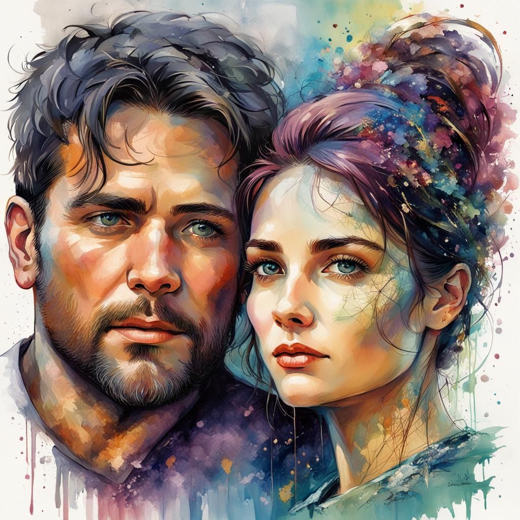 Woman and Man Embrace in Vivid Fine Art Style