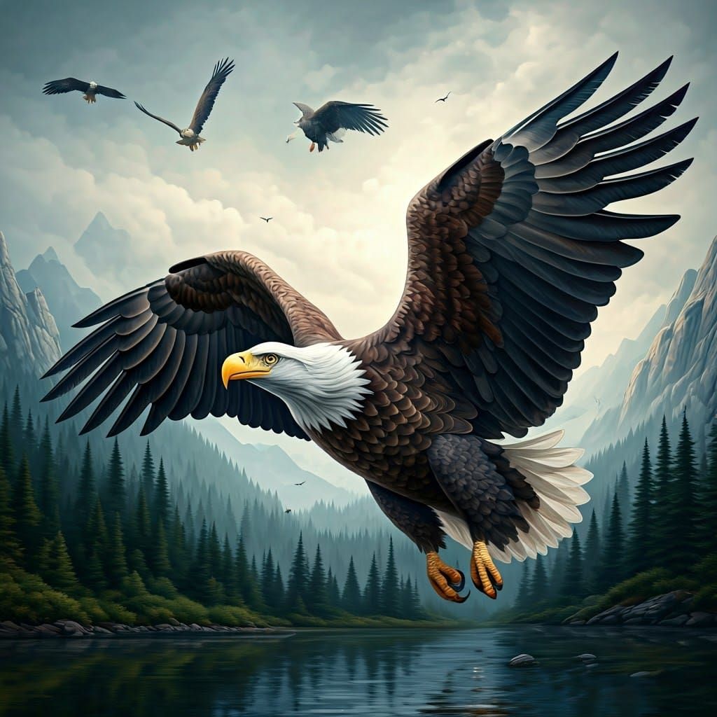 Eagles Soaring in a Misty Sky