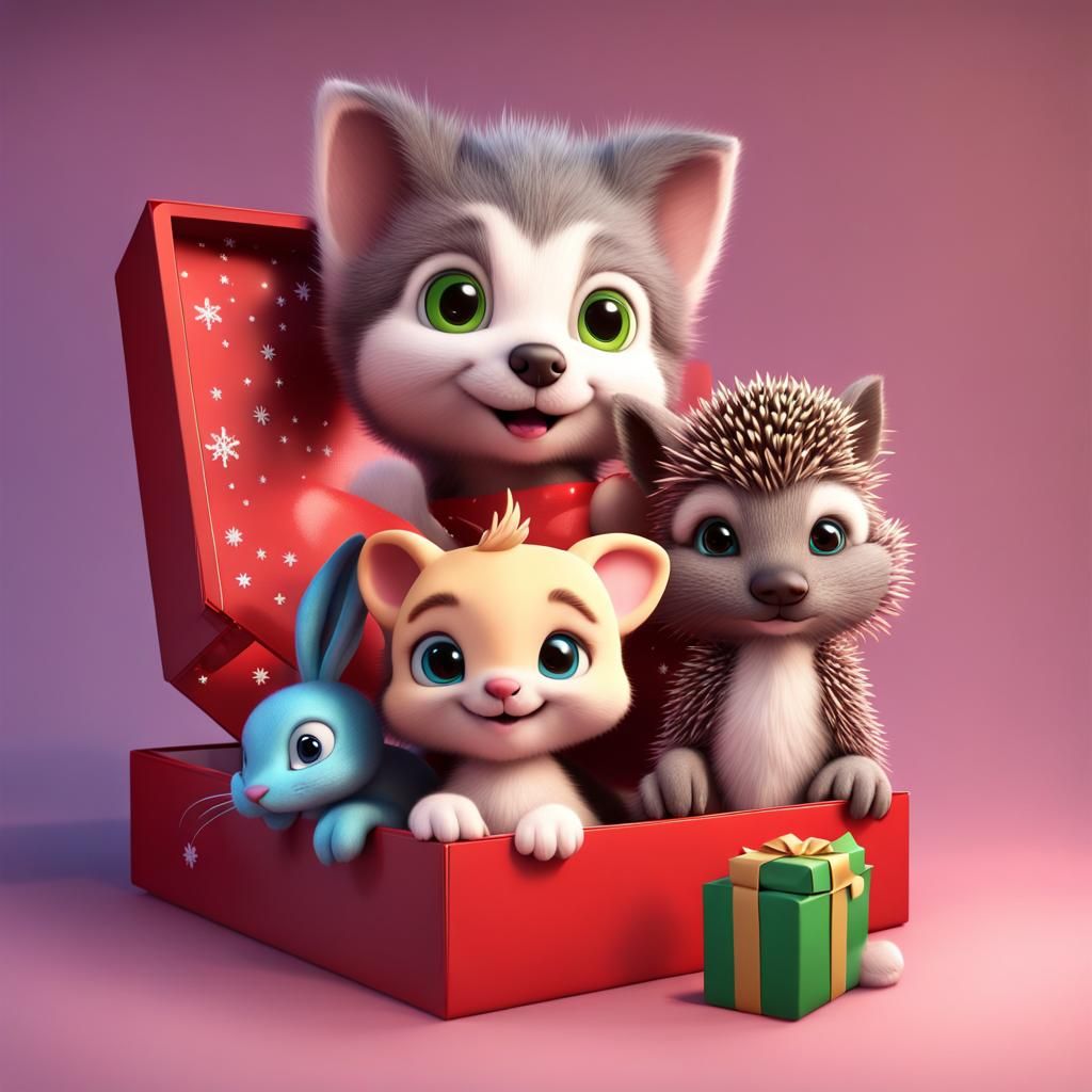 Christmas Gift Box with Baby Animals in 3D