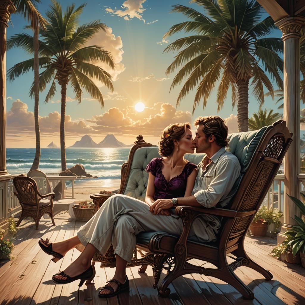 Passionate Kiss on Beach House Patio in Matte Painting Style