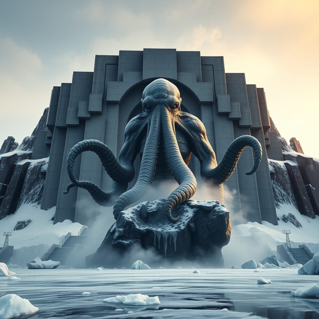 Cthulhu, Brutalist Cyberpunk Statue Rising from Antarctic Ic...