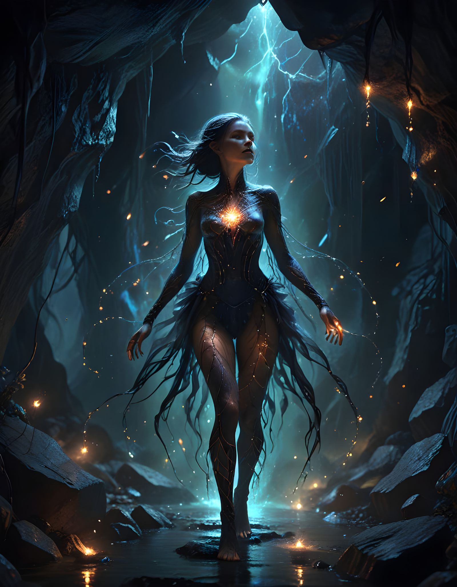 Ethereal Spider Woman Dances in Starry Grotto